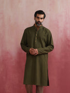trueBrowns Men's Olive green Mandarin Collar Kurta