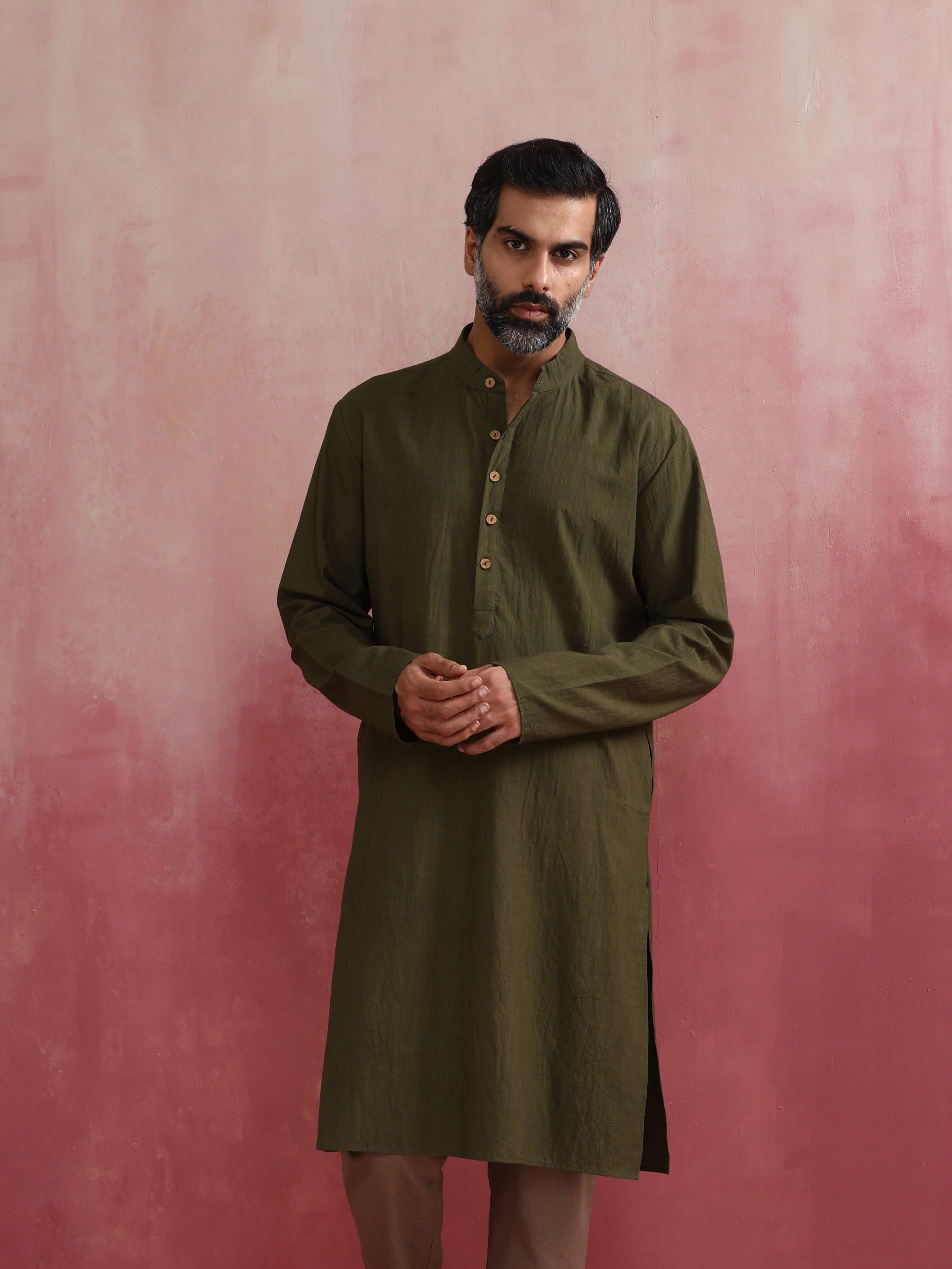 trueBrowns Men's Olive green Mandarin Collar Kurta