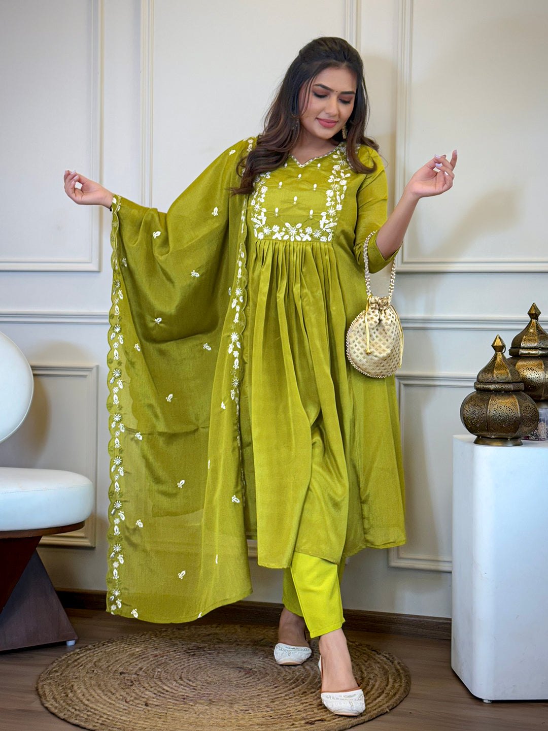 The52 Women's Gorgeous Chinon Embroidery Straight Kurta with Pant And Dupatta Set - Distacart