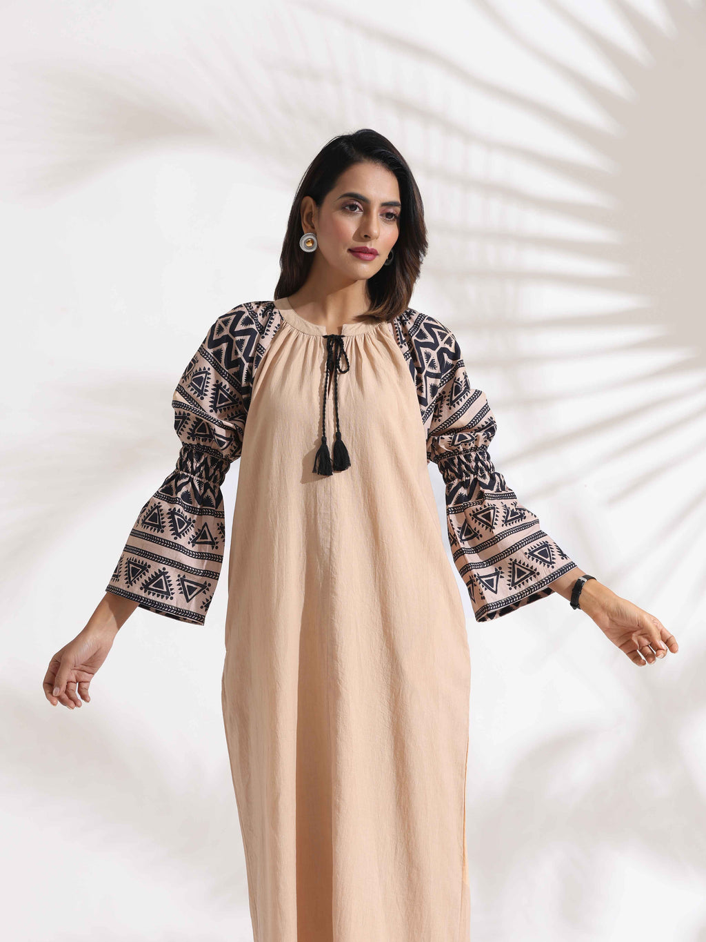 trueBrowns Beige Cotton Print Long Dress - Distacart
