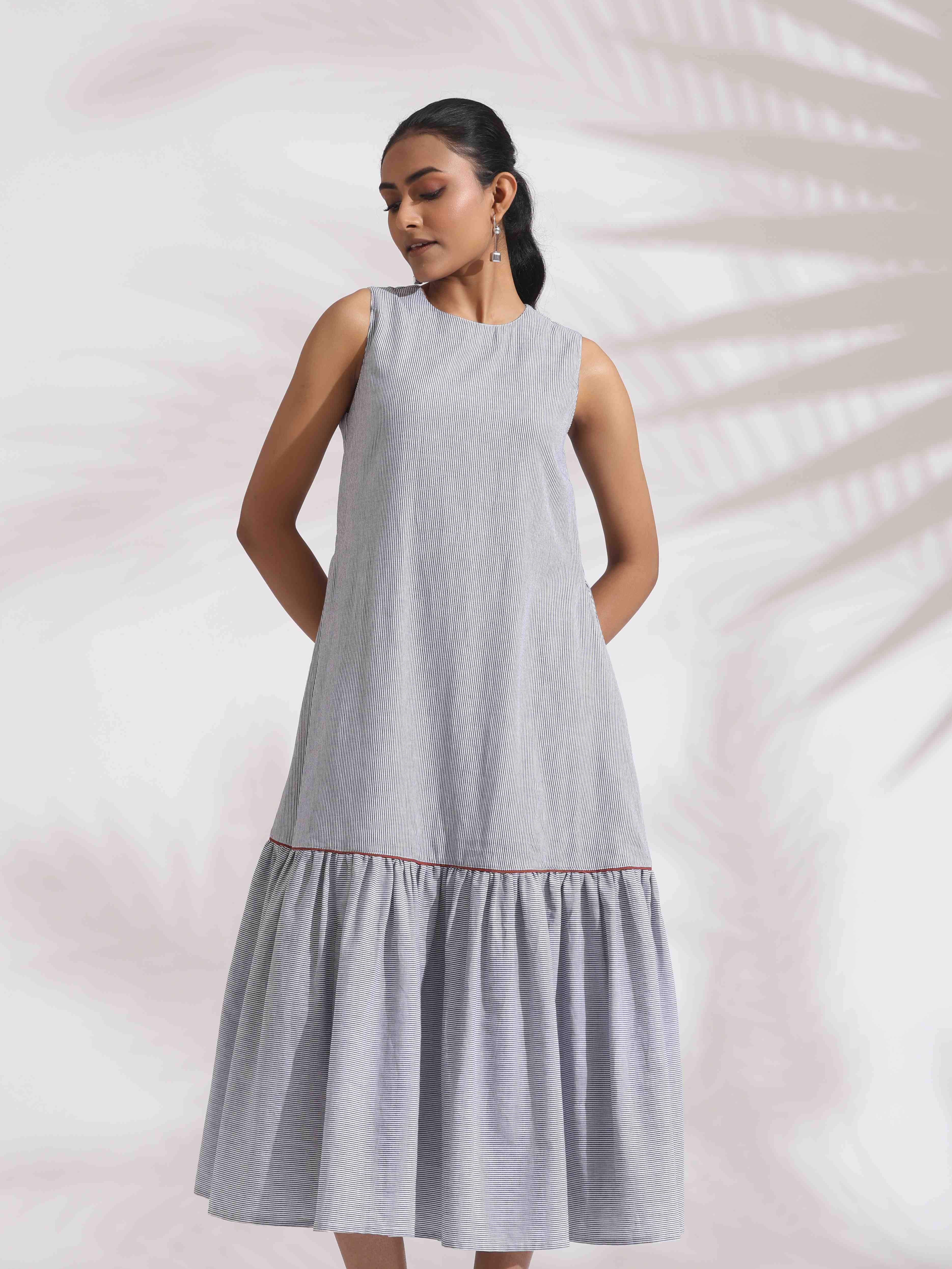 trueBrowns trueBrown Grey Cotton Stripe Tier Dress - Distacart