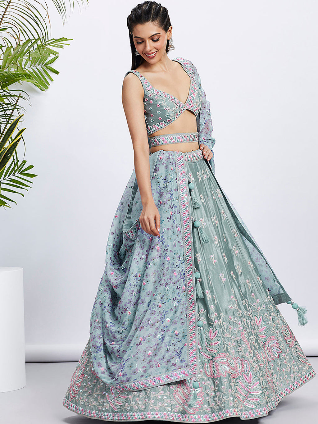 House of Panchhi Pink Georgette Sequins And Thread Embroidery Lehenga Choli & Dupatta