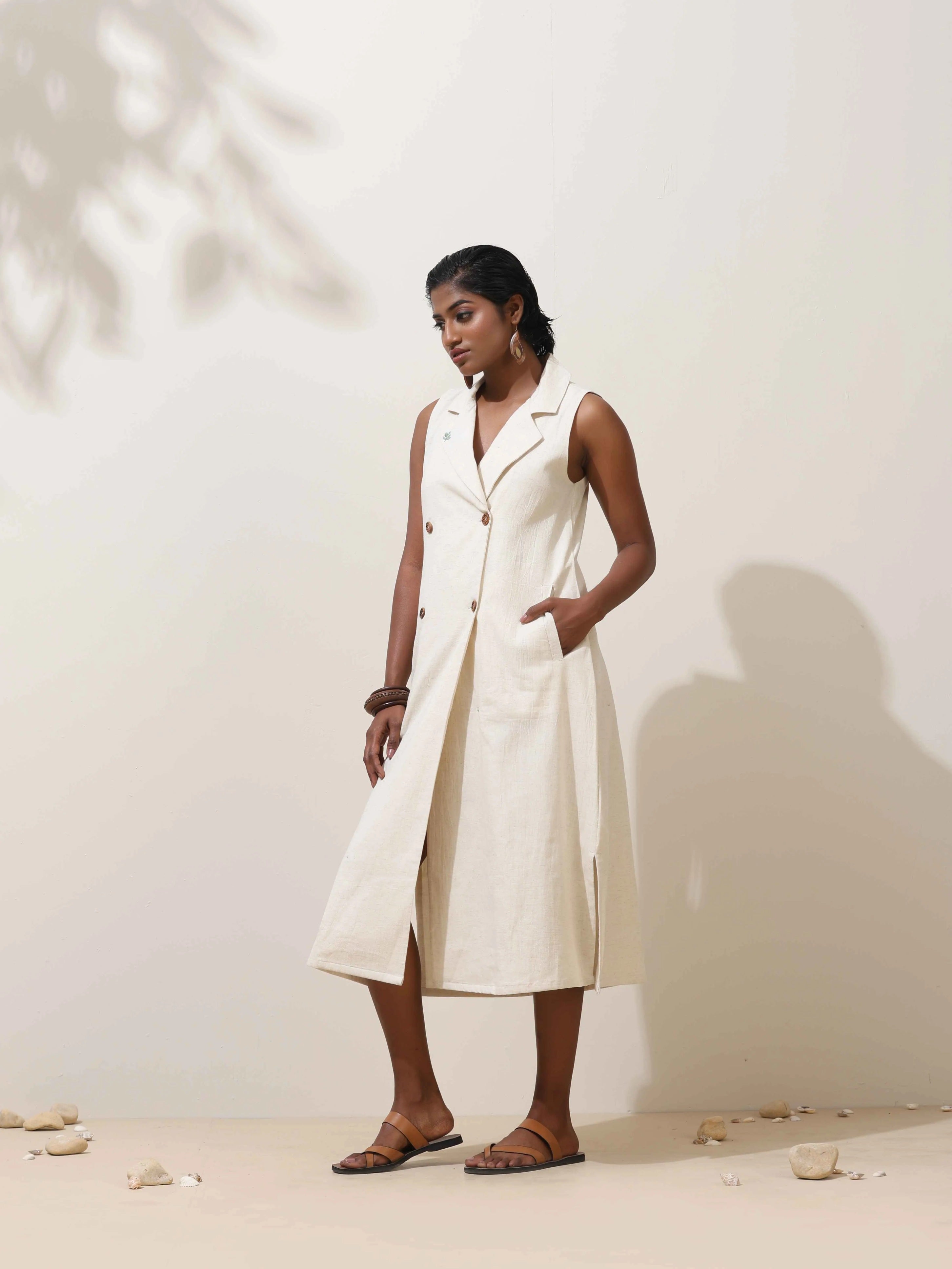 trueBrowns Off-White Cotton Linen Dress - Distacart