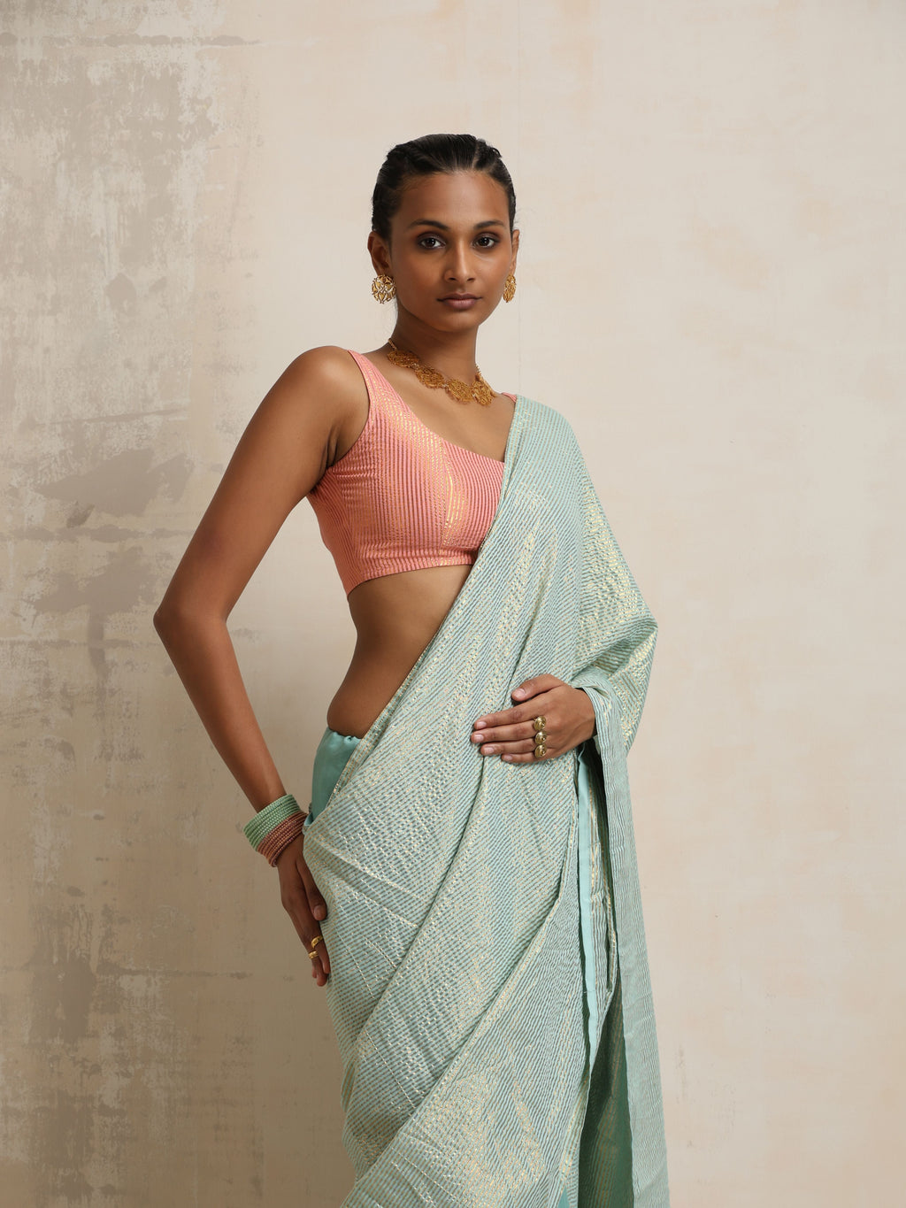 trueBrowns Blue Gold Lurex Ready To Wear Saree