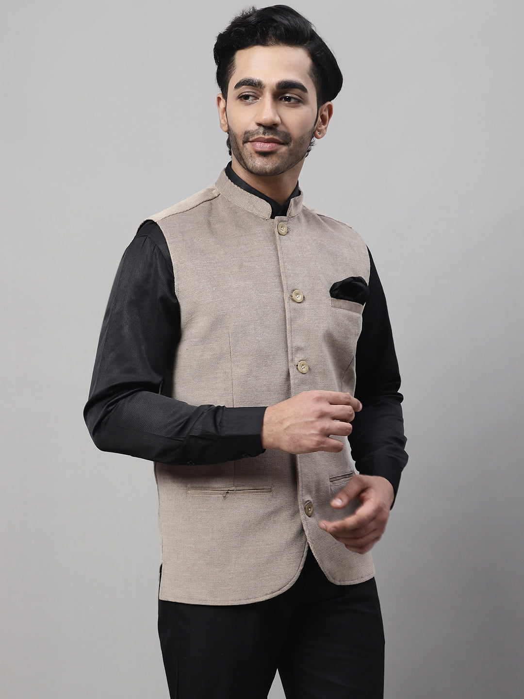 Even Apparels Men's Beige Nehru Jacket With Welt Pockets
