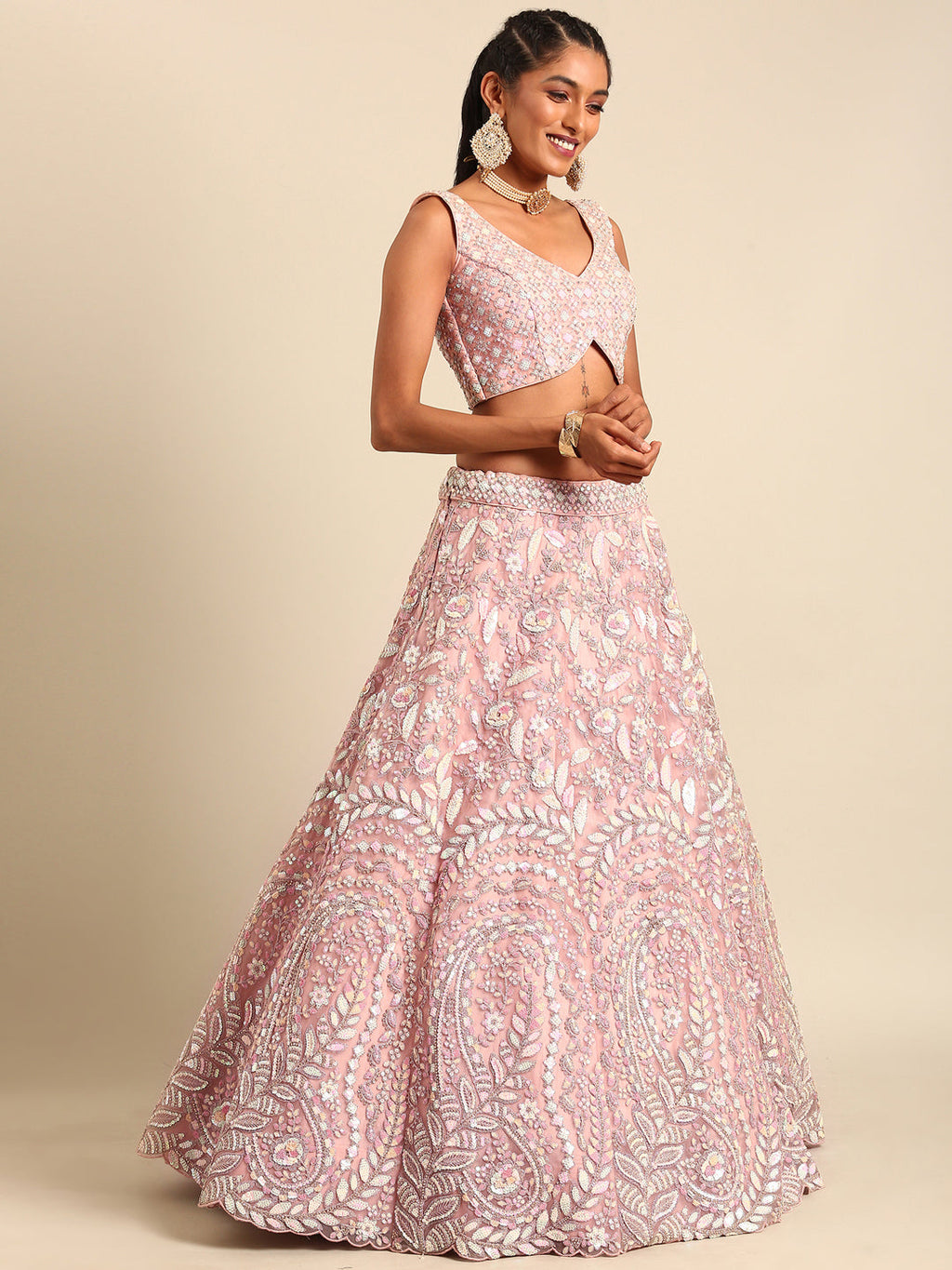 House of Panchhi Pink Net Multi Sequins with heavy Zarkan embroidery Lehenga choli & Dupatta