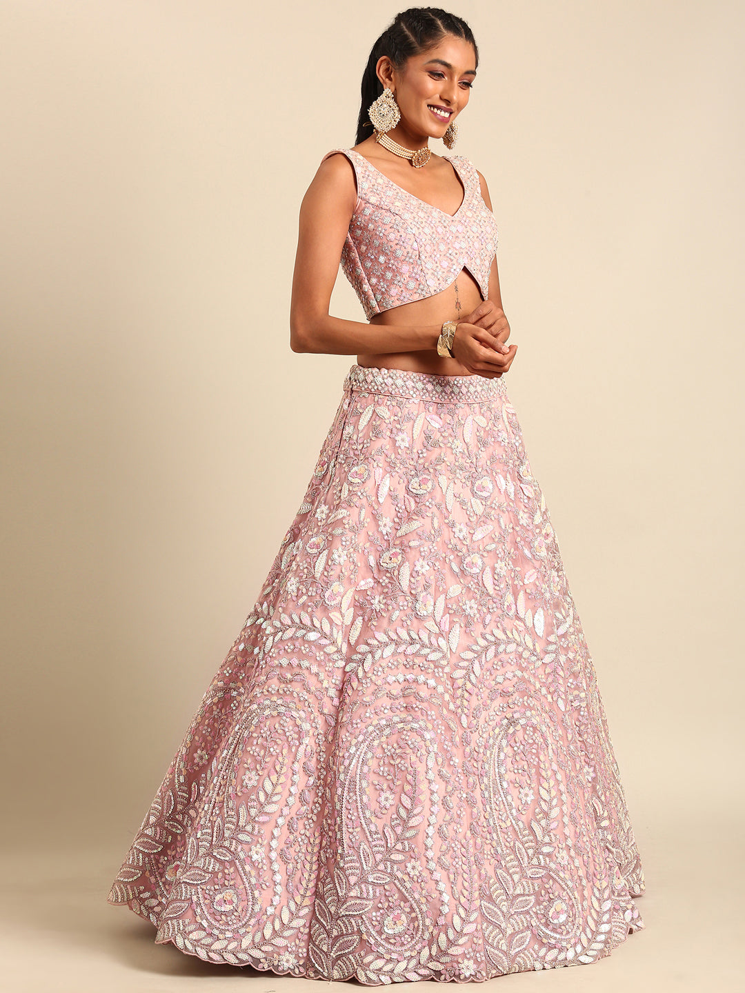 House of Panchhi Pink Net Multi Sequins with heavy Zarkan embroidery Lehenga choli & Dupatta