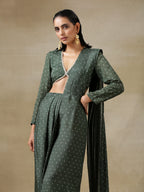 trueBrowns Dark Green Bandhani Printed Silk Palazzo Stitched Saree