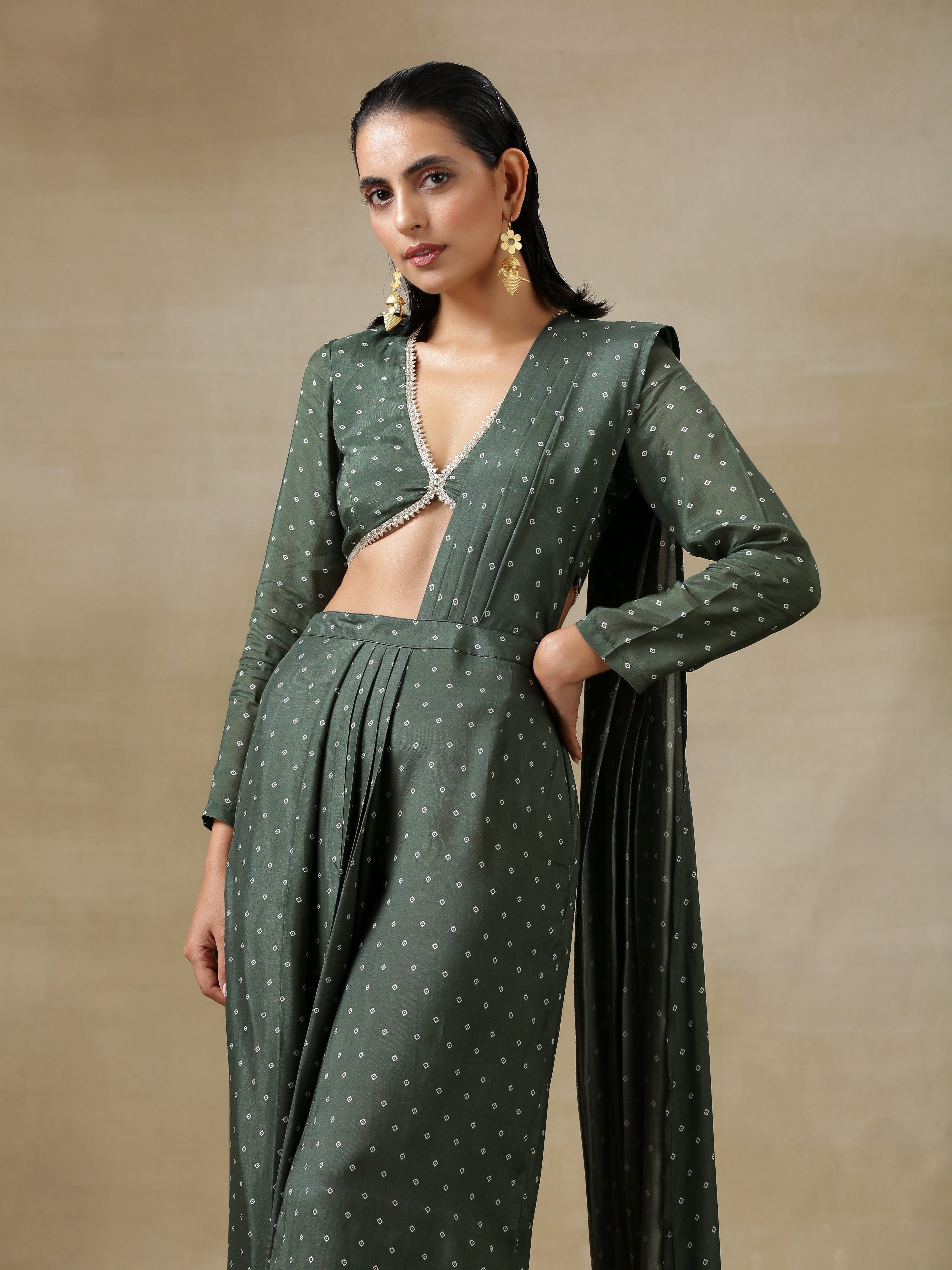 trueBrowns Dark Green Bandhani Printed Silk Palazzo Stitched Saree