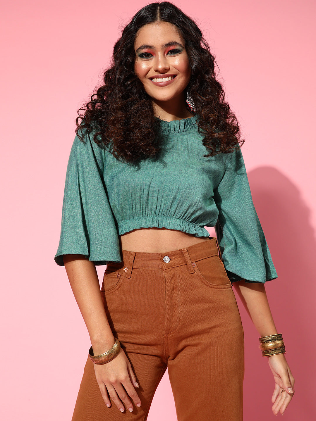 InWeave Women's Teal Blue High Neck Crop Top