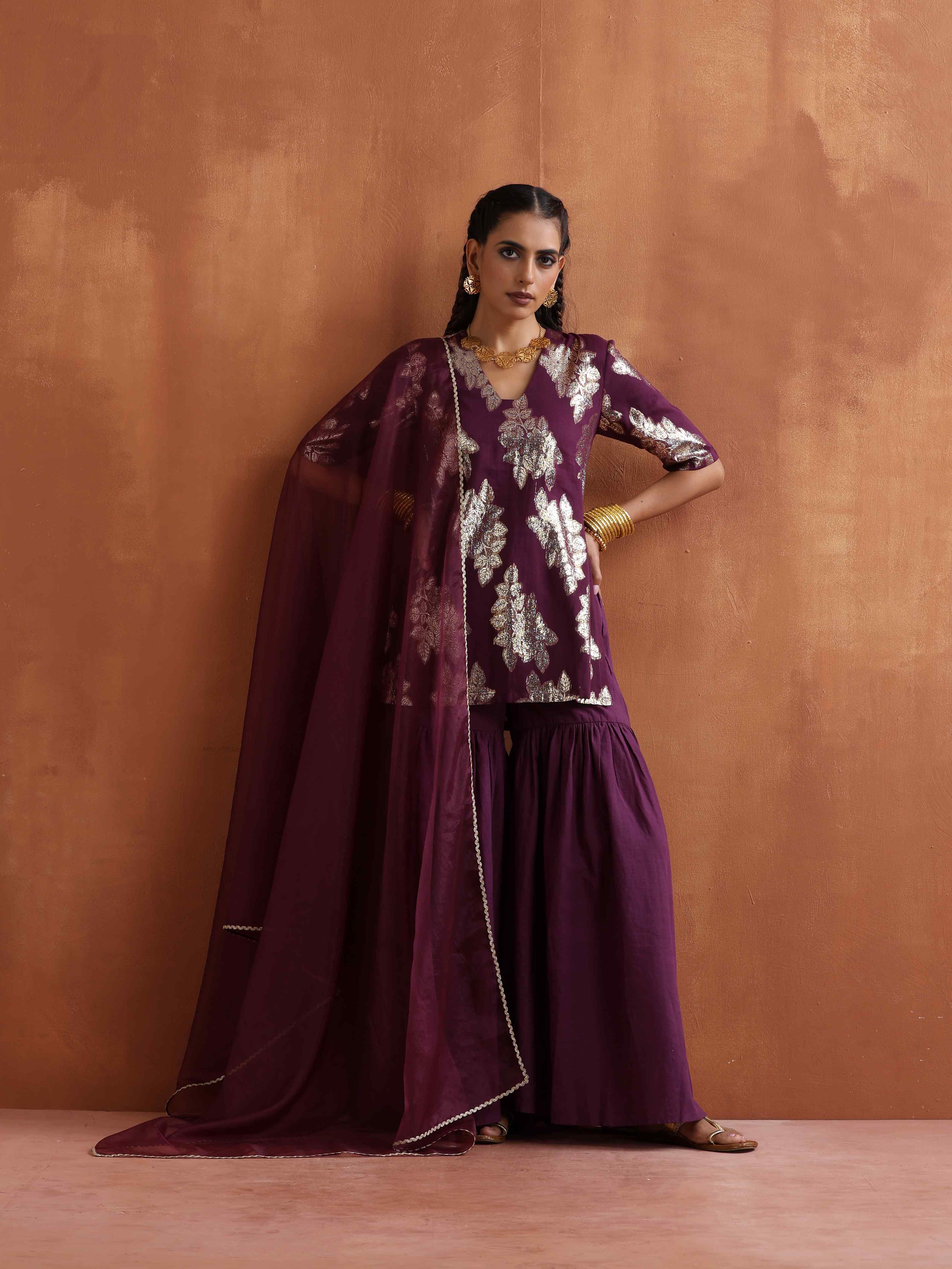 trueBrowns Purple Metallic Sharara Dupatta Set - Distacart