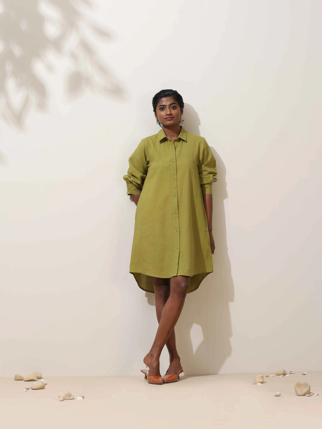 trueBrowns Pear Green Cotton Linen Dress - Distacart