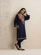 trueBrowns Blue Floral Embroidered Woollen Phiran Kurta - Distacart