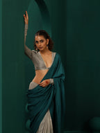 trueBrowns Teal Grey Silk Ready to Wear Saree