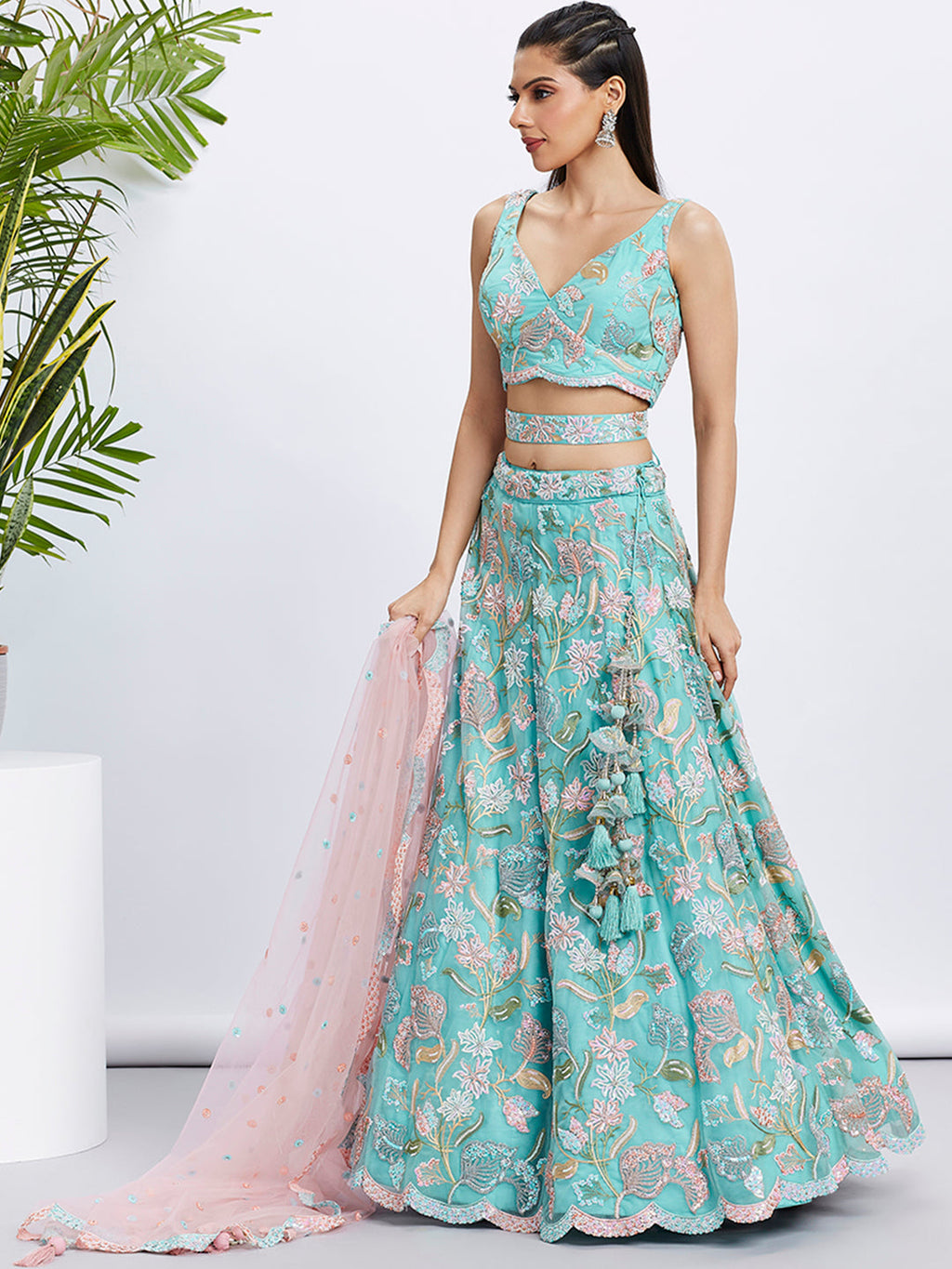 House of Panchhi Turquoise Blue Chiffon Sequins And Thread Embroidery Lehenga Choli & Printed Dupatta