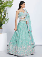 House of Panchhi Burgundy Georgette Sequins, Mirror And Thread Embroidery Lehenga Choli & Dupatta