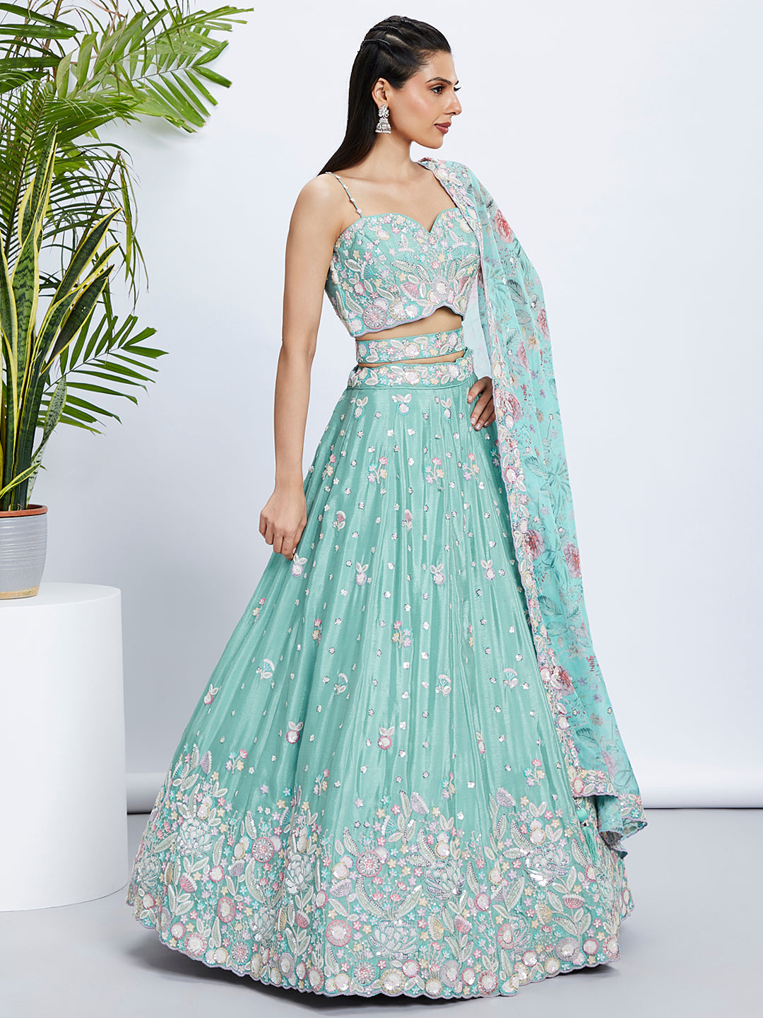 House of Panchhi Burgundy Georgette Sequins, Mirror And Thread Embroidery Lehenga Choli & Dupatta