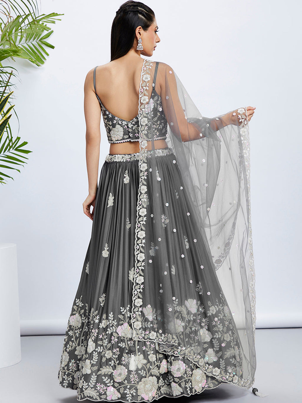 House of Panchhi Navy Blue Georgette Sequins, Mirror And Thread Embroidery Lehenga Choli & Dupatta