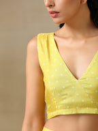 trueBrowns Lime Green Bandhani Printed Silk Sleeveless Blouse