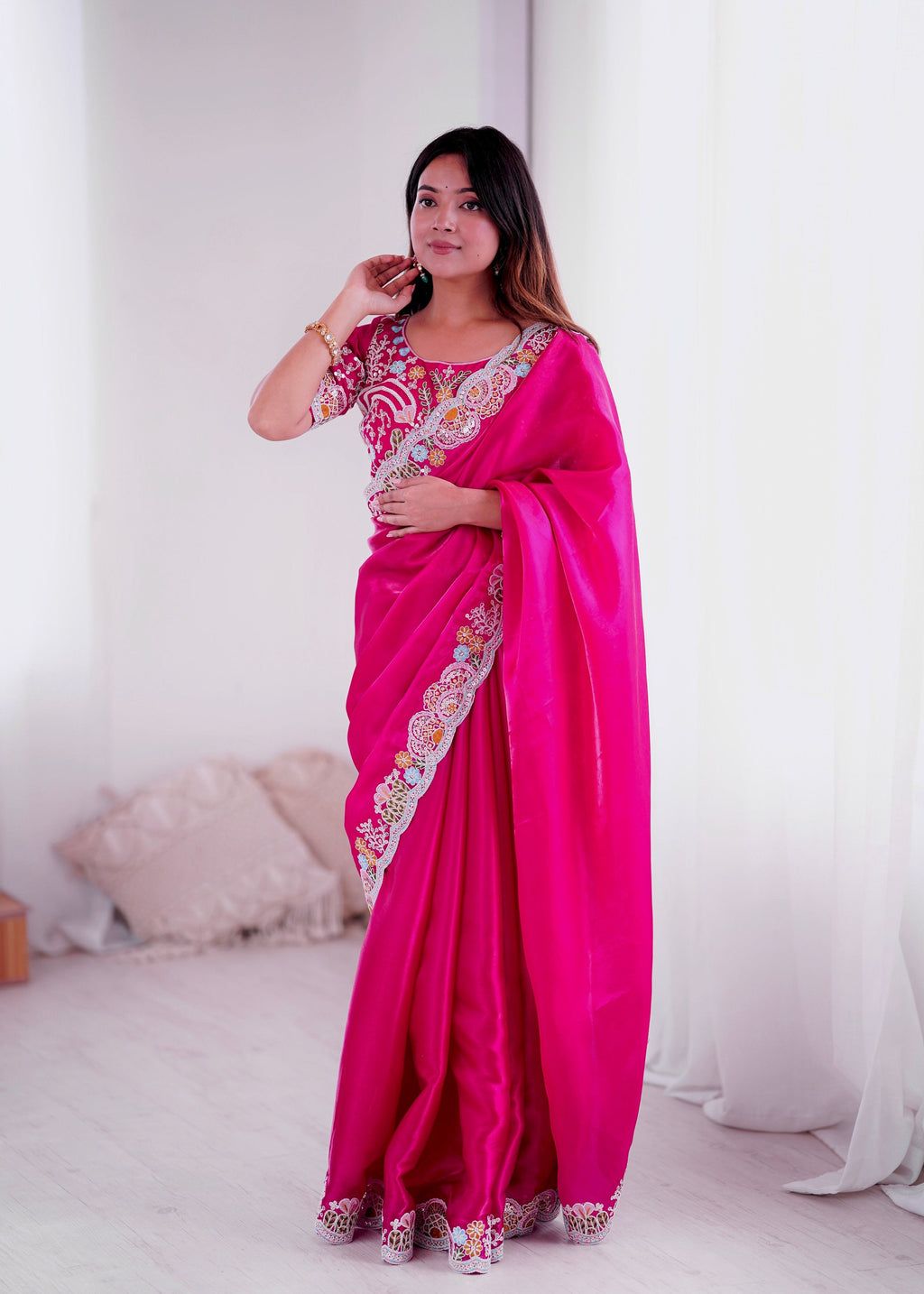 Lorenvalley Fashion Magenta Jimmy Choo with Embroidery Threads Codding & Sequins Work Saree with Blouse - Distacart