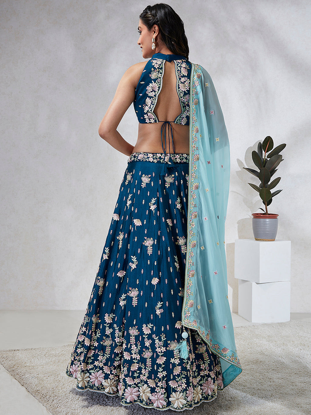 House of Panchhi Teal Pure Georgette Sequins And Thread Embroidery Lehenga Choli & Dupatta