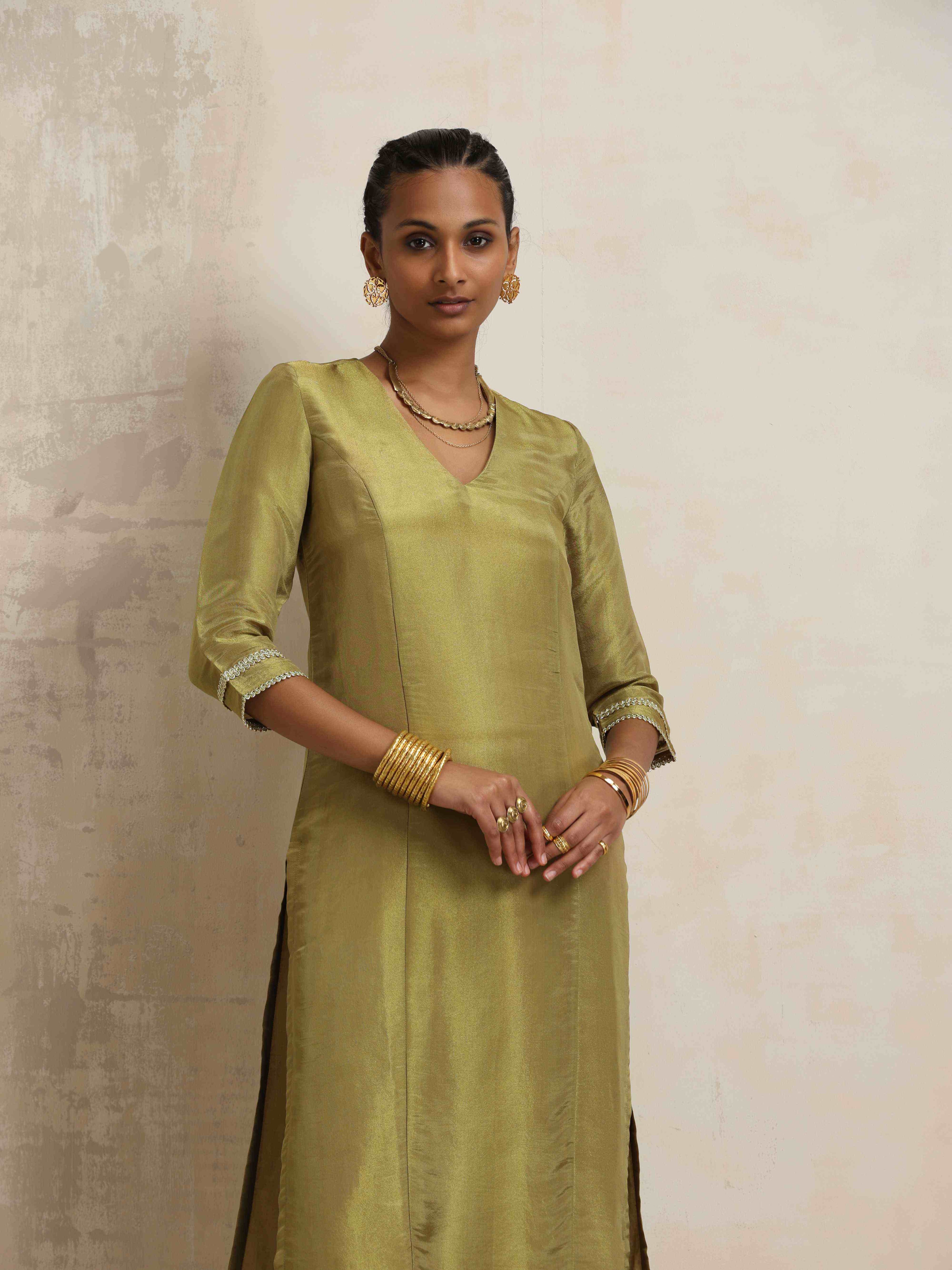 trueBrowns Green Tissue Straight Kurta Set - Distacart