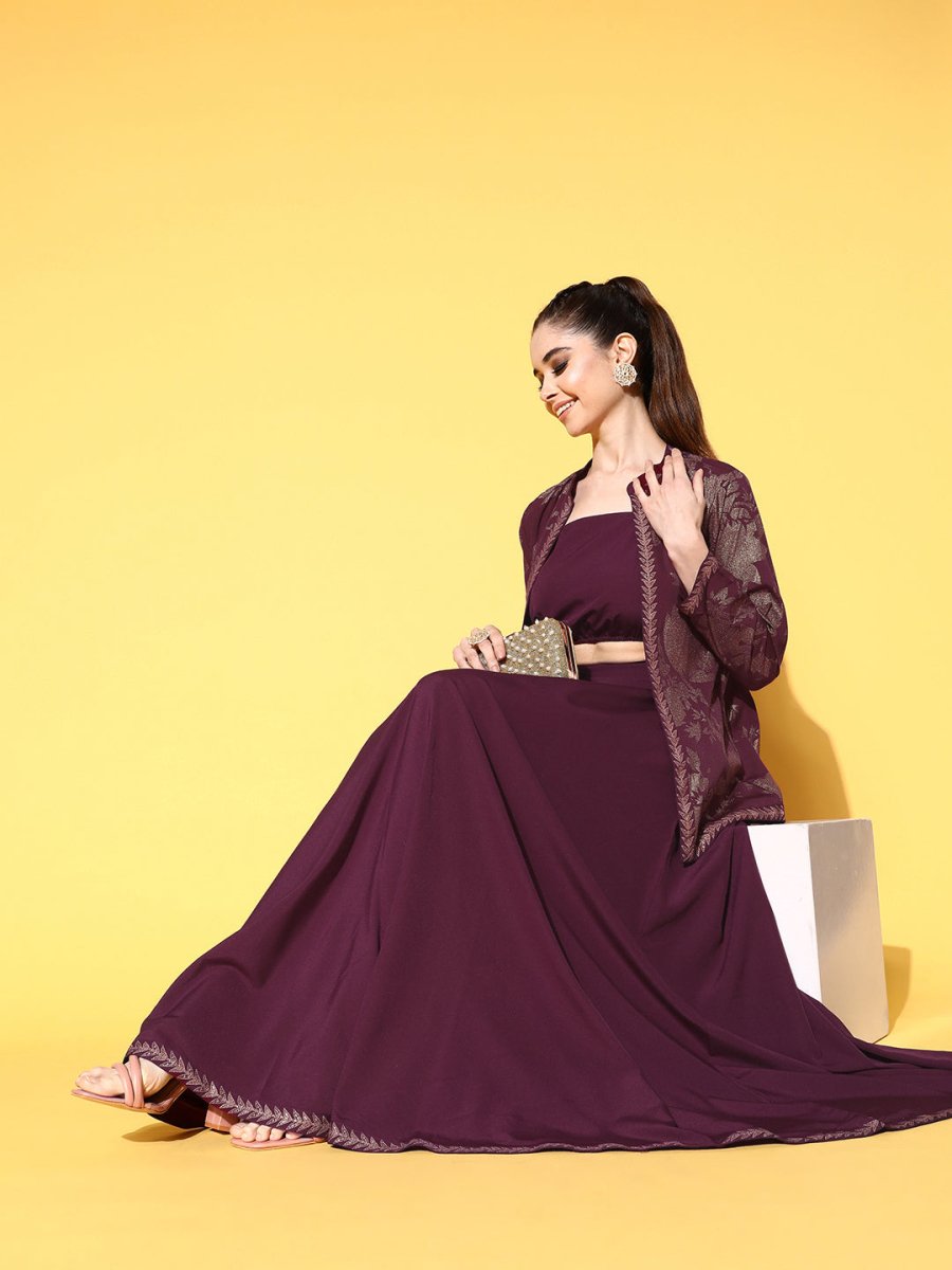 Ahalyaa Women Burgundy Top With Skirt & With Jacket - Distacart