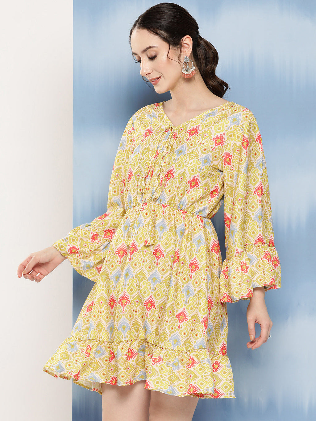 InWeave Women's Yellow Orange Ikkat Print Short Dress - Distacart