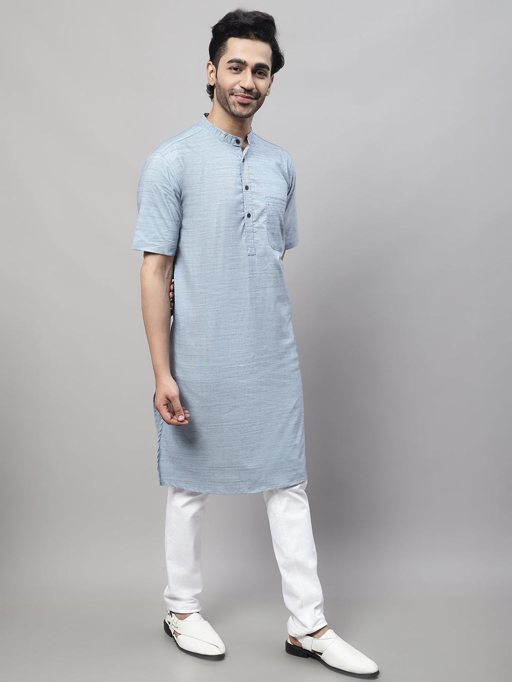 Even Apparels Blue Pure Cotton Kurta With Band Collar - Distacart