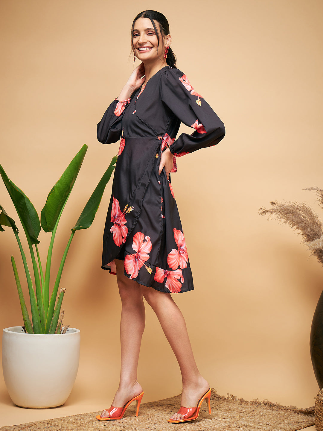 InWeave Women's Black Red Big Flower Belted Dress - Distacart