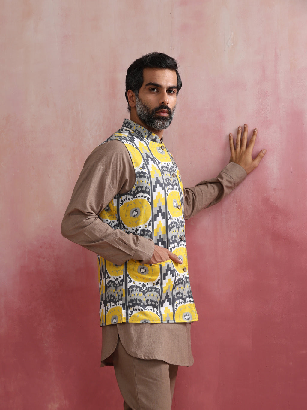 trueBrowns Men's Grey Ikat Print Cotton Reversible Nehru Jacket