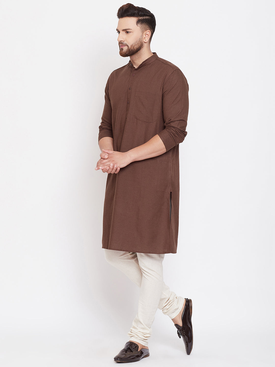 Even Apparels Brown Solid Kurta With Band Collar - Distacart