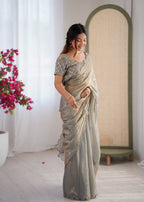 Evanik Designer Heavy Fendy Satin With Beads Embroidered Work Saree With Unstitched Blouse - Distacart