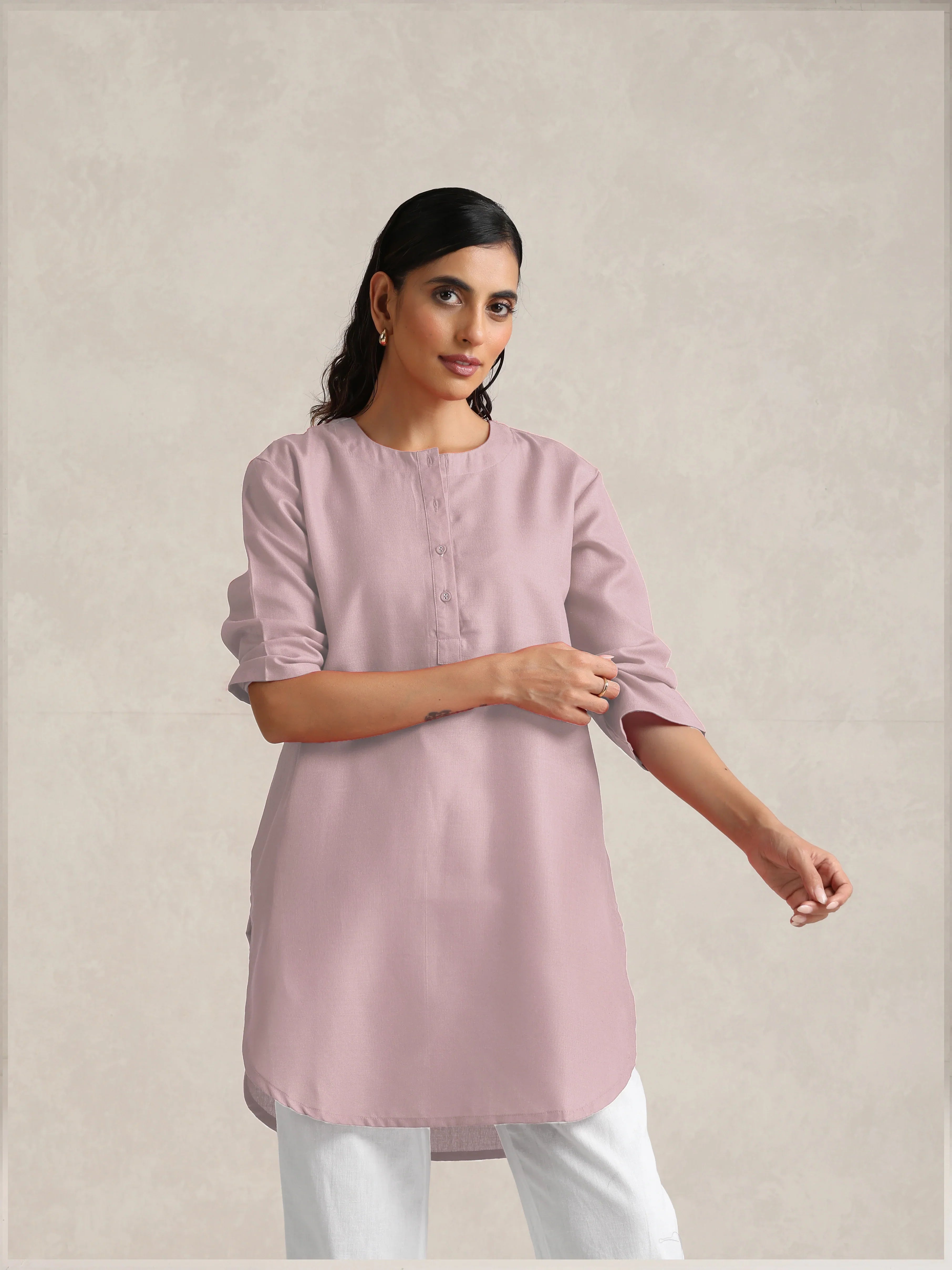 trueBrowns Pink Cotton Blend Short Kurta - Distacart