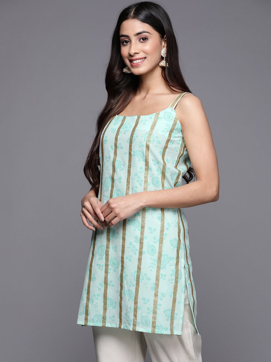 Ahalyaa Striped Floral Printed Shoulder Straps Crepe Tunic
