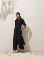 trueBrowns Black Cotton Linen Kurta Pant Set - Distacart