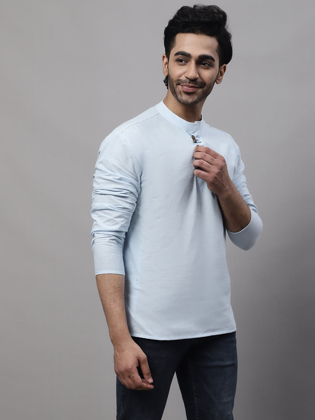 Even Apparels Blue Pure Cotton Kurta With Band Collar - Distacart