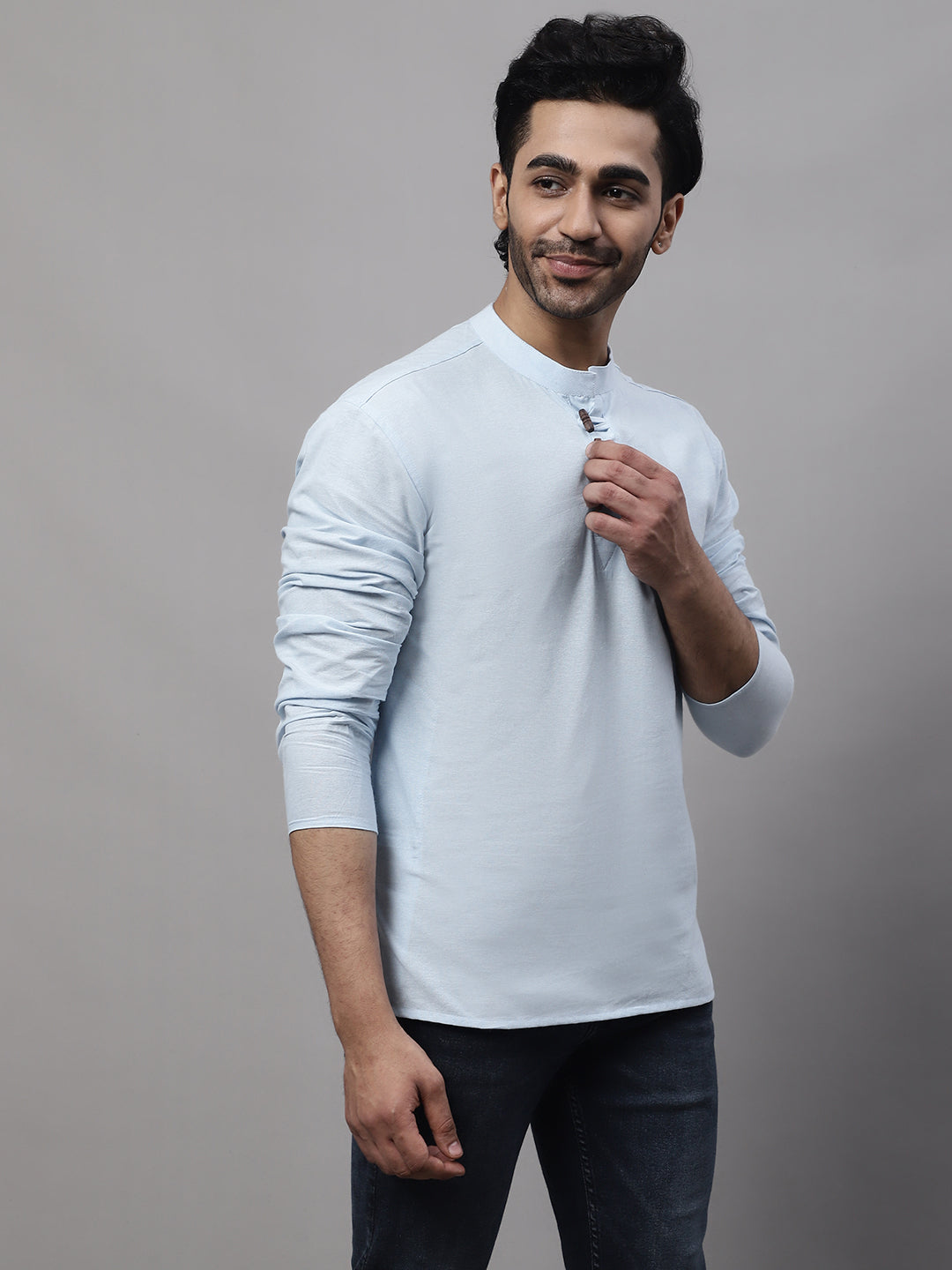 Even Apparels Blue Pure Cotton Kurta With Band Collar - Distacart