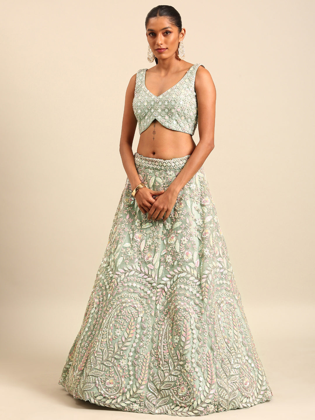 House of Panchhi Sea green Net Multi Sequins with heavy Zarkan embroidery Lehenga choli & Dupatta