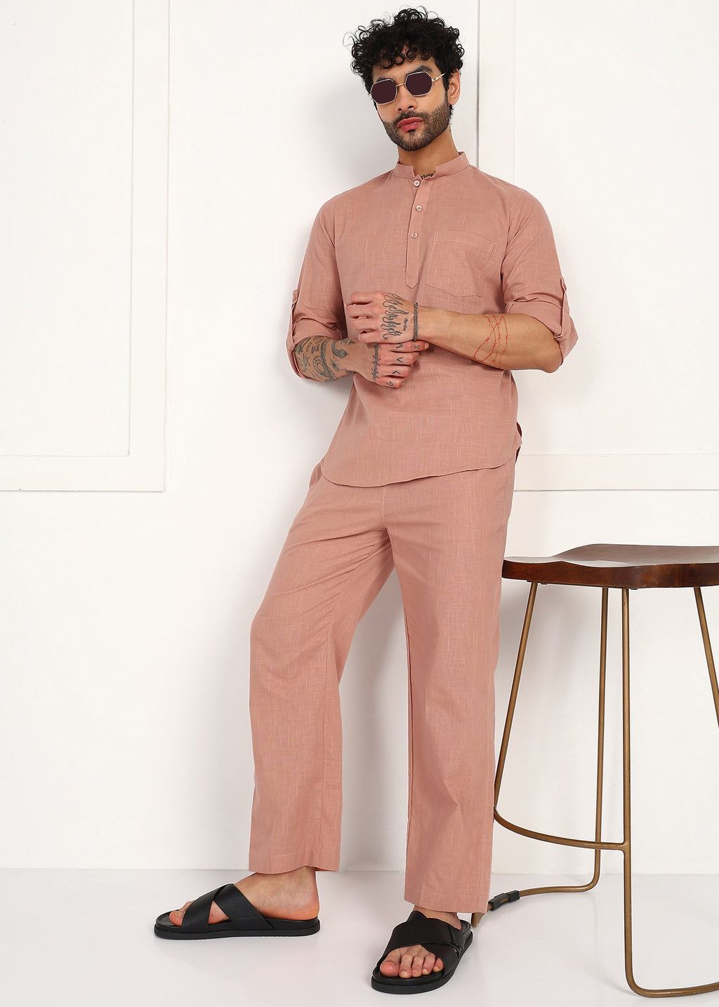 Fabmade Men’S Peach Linen Short Kurta Set