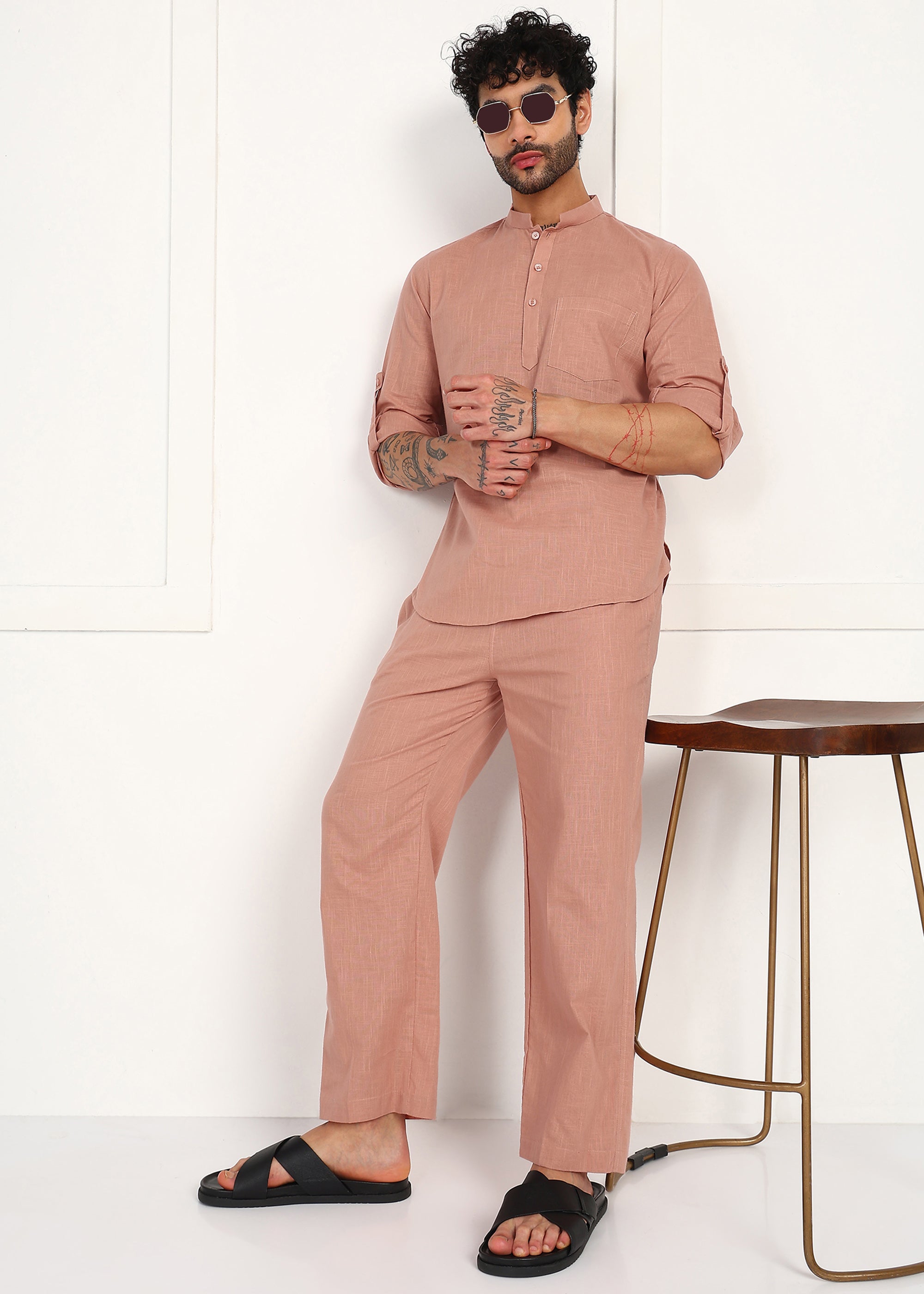 Fabmade Men’S Peach Linen Short Kurta Set