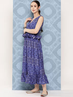 InWeave Women's Blue Floral Paisley Print Long Frill Dress - Distacart