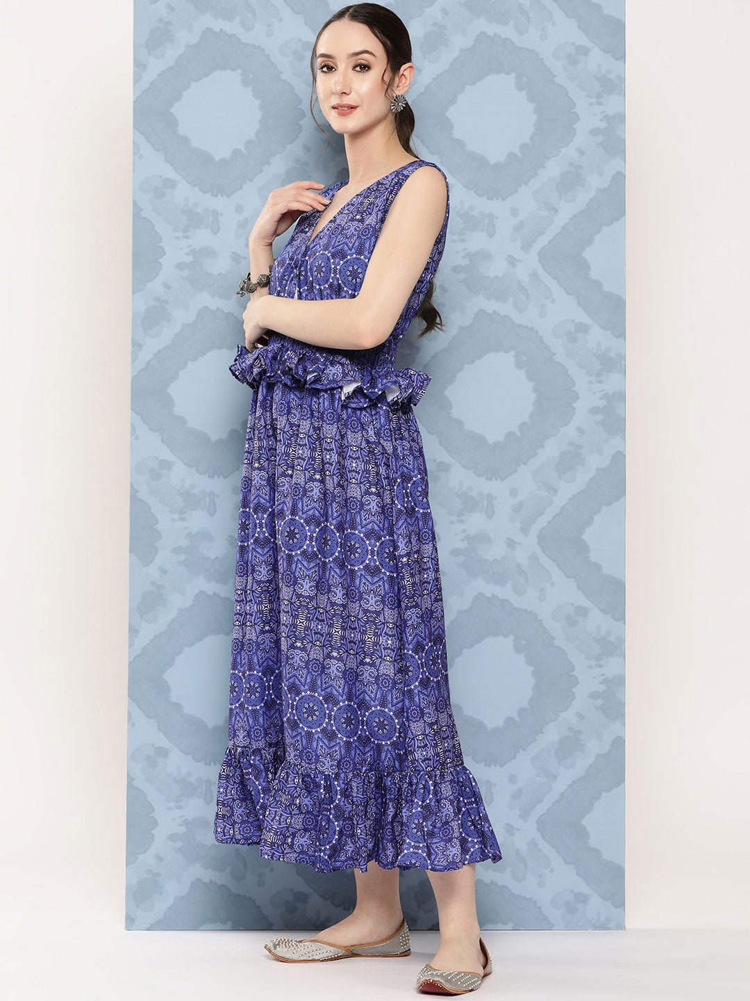 InWeave Women's Blue Floral Paisley Print Long Frill Dress - Distacart