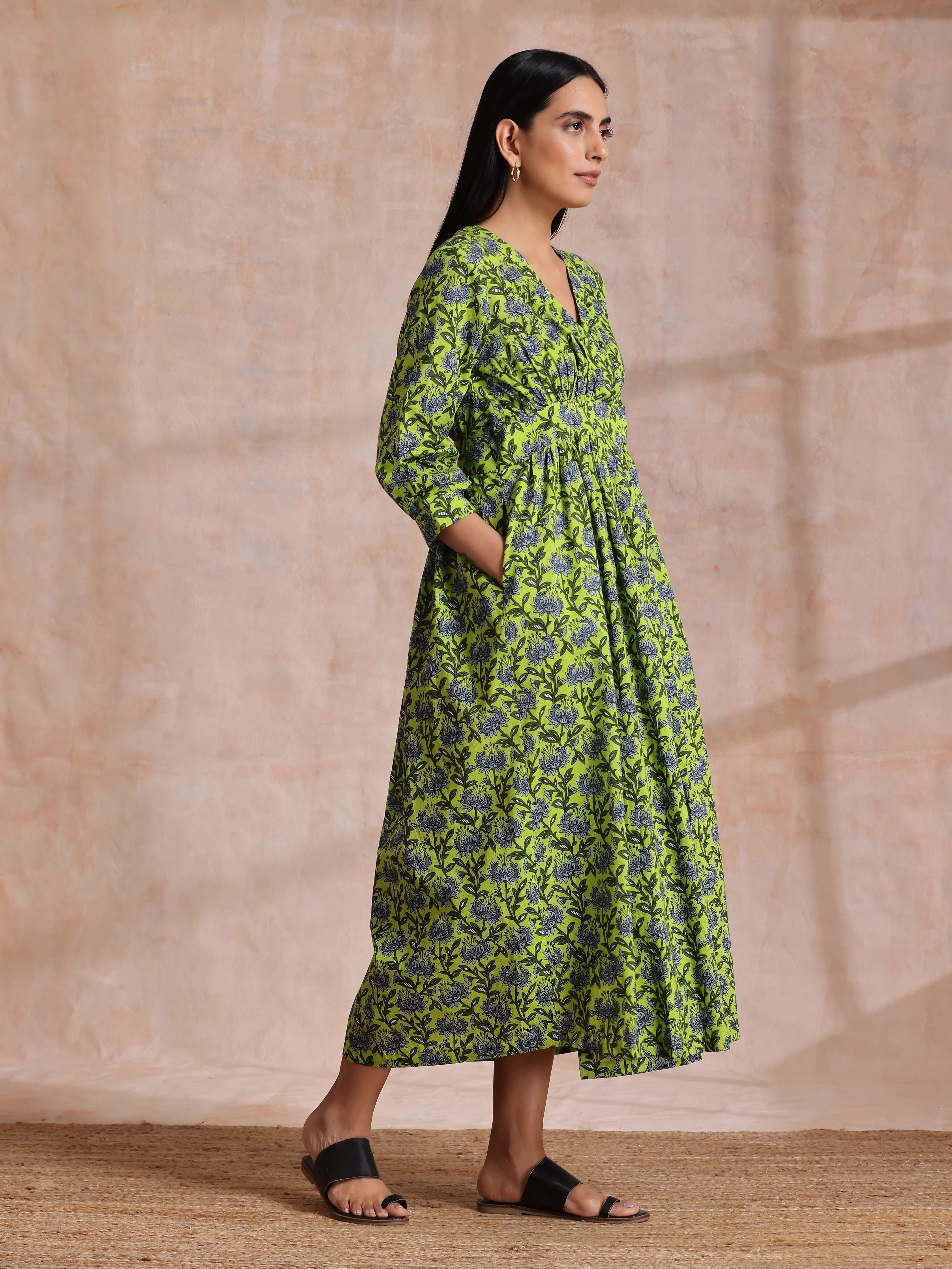 trueBrowns Lime Green Overall Blue Floral Block Print Cotton Wrap Dress - Distacart