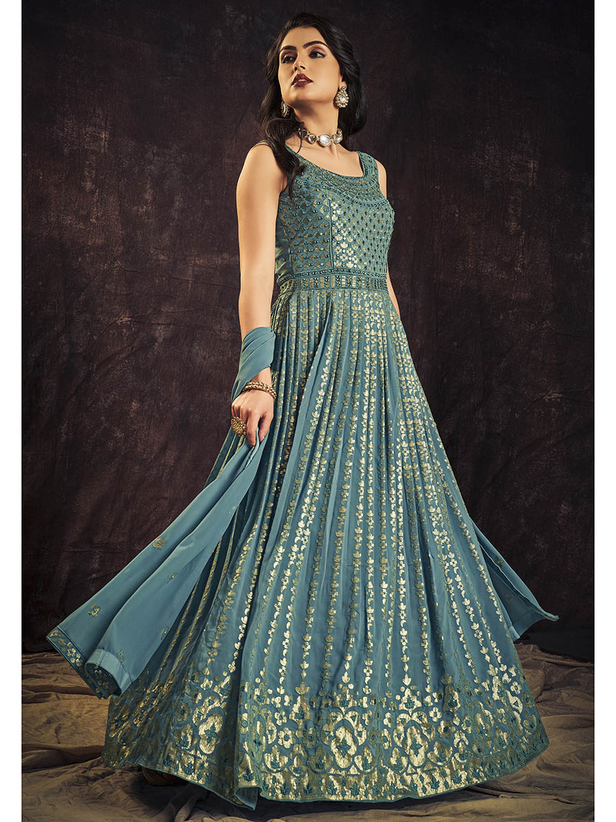 Myra Blue Real Georgette Designer Gown Style Suit - Distacart