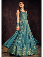 Myra Blue Real Georgette Designer Gown Style Suit - Distacart