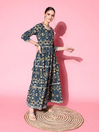 InWeave Women's Blue Ikkat Print Tiered Dress With Lace - Distacart