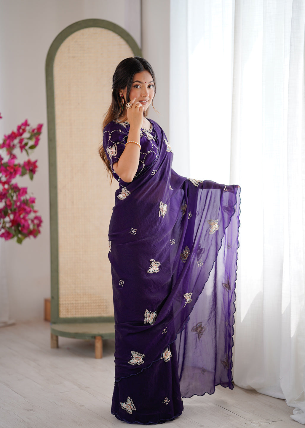 Evanik Purple Mos Silk With Handwork Butterfly Design Saree With Unstitched Blouse - Distacart