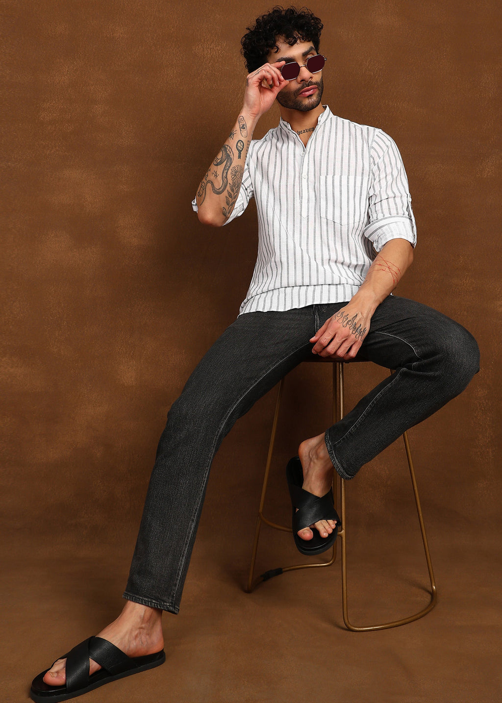 Fabmade Driftline Stripe Linen Short Kurta