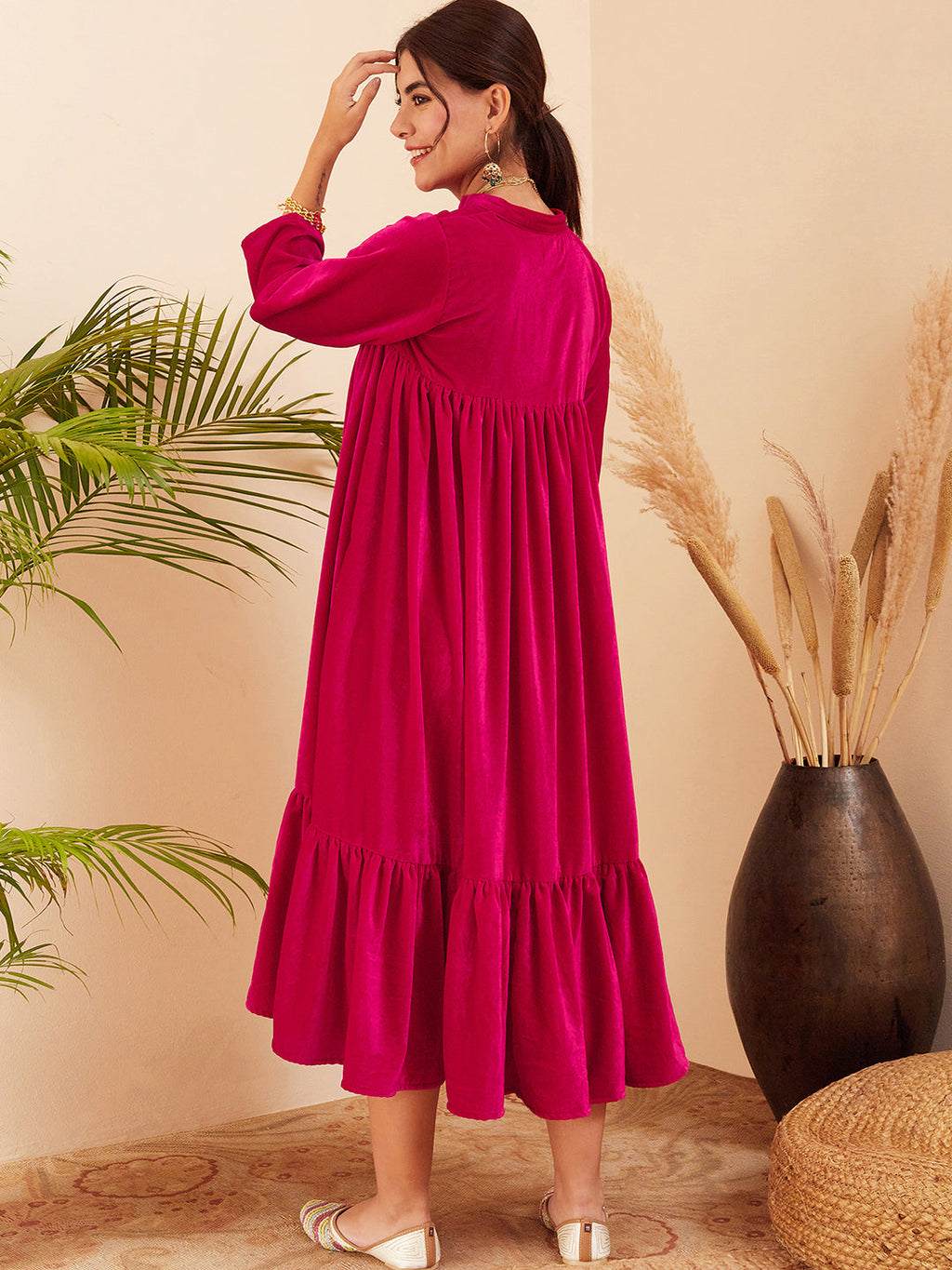 InWeave Women's Fuchsia Velvet Manderia V Neck Flared Dress - Distacart